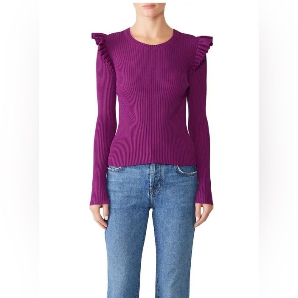 Cinq A Sept Sweater with ruffles purple ribbed knit XS